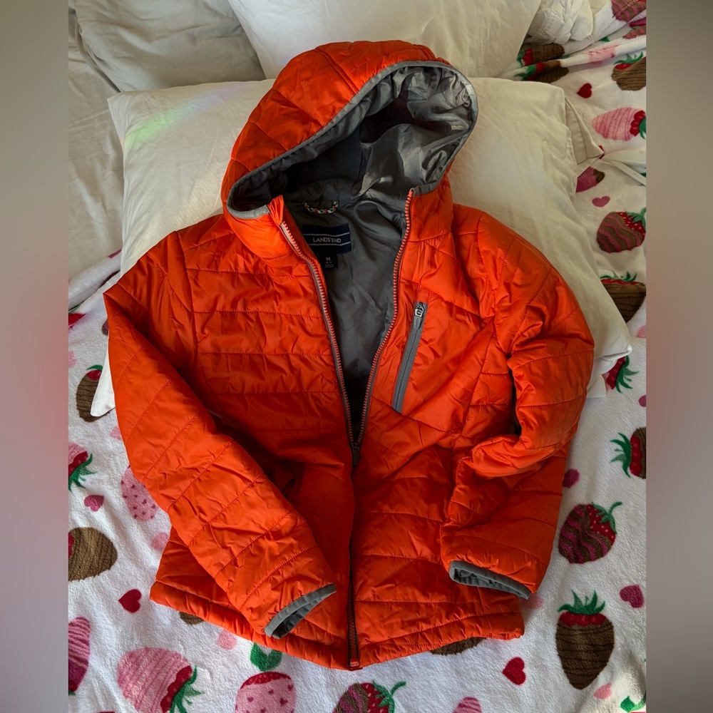 Lands’ End Youth Hooded Packable Puffer Jacket – Orange, Size M (10–12) - Picture 4 of 14